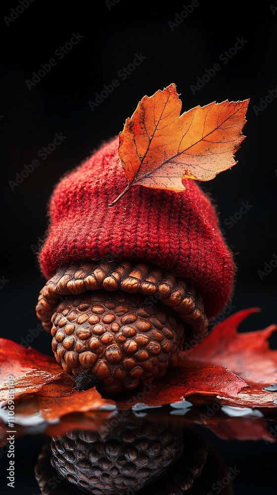 A whimsical acorn wearing a red knitted hat, surrounded by autumn leaves. A whimsical acorn wearing a red knitted hat, surrounded by autumn leaves.