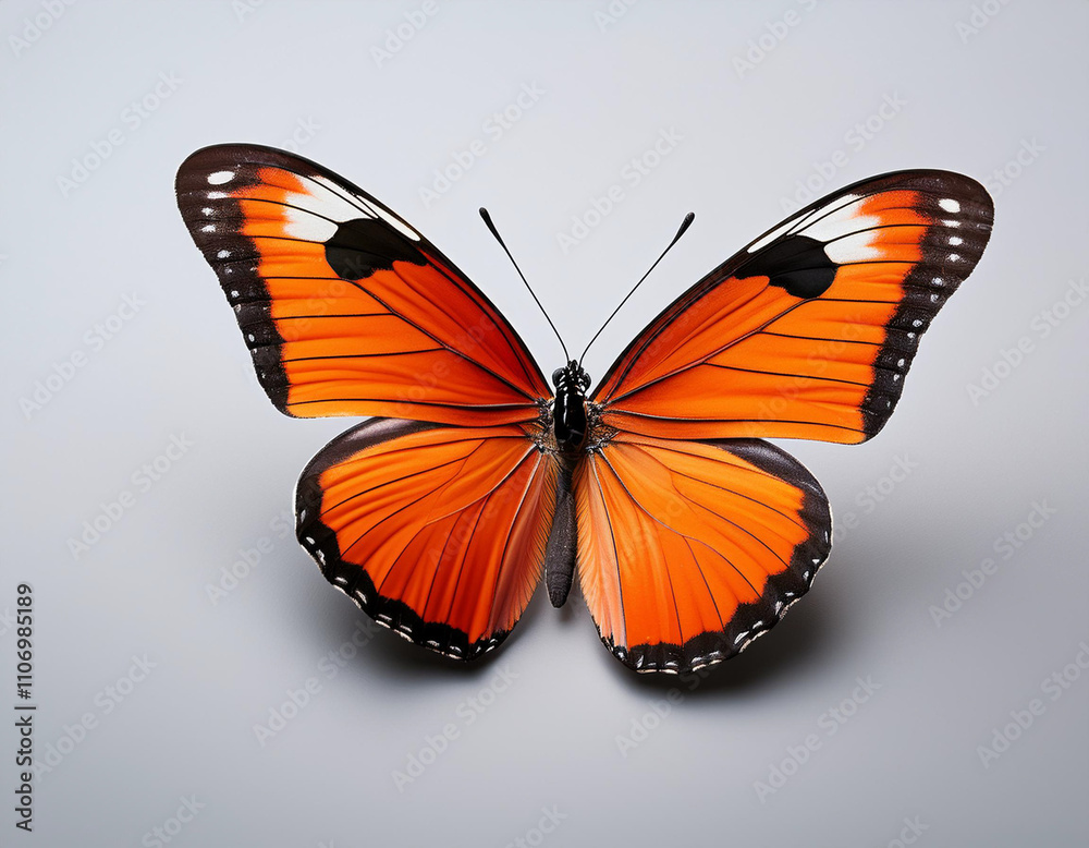 Fototapeta premium Bright orange butterfly with wings fully open, isolated on a pale gray background