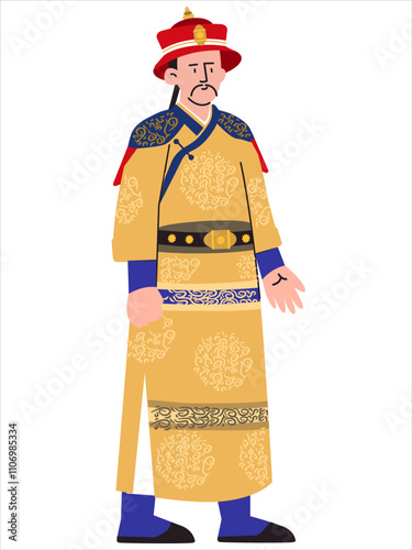 Huang Taiji Nurhaci China emperor Chinese traditional man heritage attire culture dress robe clothes design icon set colorful