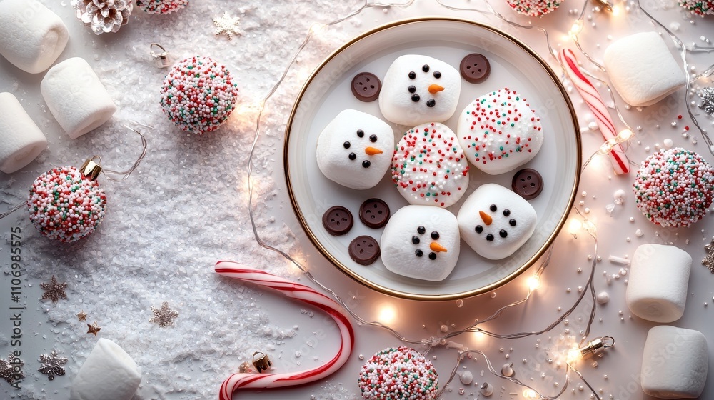 A whimsical Christmas treat display with snowman cookies, marshmallow heads, chocolate buttons, candy canes, and colorful sprinkles, surrounded by fairy lights A whimsical Christmas treat display with snowman cookies, marshmallow heads, chocolate buttons, candy canes, and colorful sprinkles, surrounded by fairy lights
