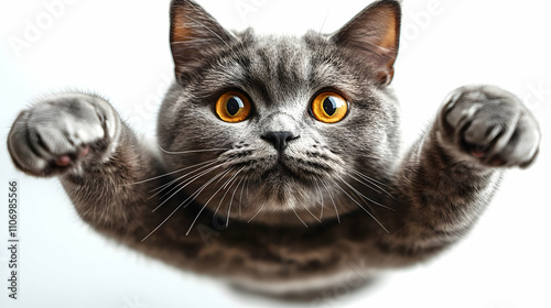 Gray Cat Reaching Paws Forw...