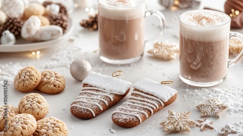 A winter wonderland table spread with cinnamon snickerdoodle stockings, surrounded by mugs of hot chocolate and holiday decorations