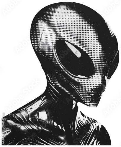 Alien halftone bitmap collage element on transparent background, Galactic Alien y2k collage element, Alien with big eyes grunge photocopy magazine clipping with isolated clipping path