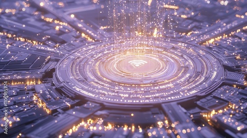 Wallpaper Mural Futuristic Wifi 7 Connectivity Concept - 3D Render with Smart Technology Icons and Glowing Central Device Emitting Light Rays Torontodigital.ca