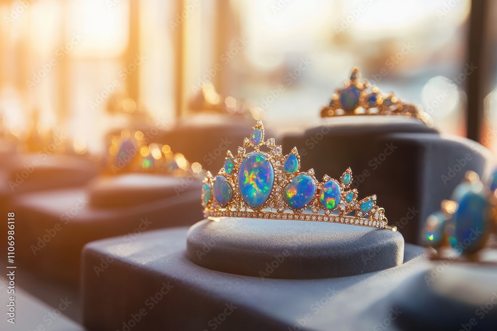 A display of ornate tiaras featuring vibrant opal gemstones in a jewelry setting. A display of ornate tiaras featuring vibrant opal gemstones in a jewelry setting.