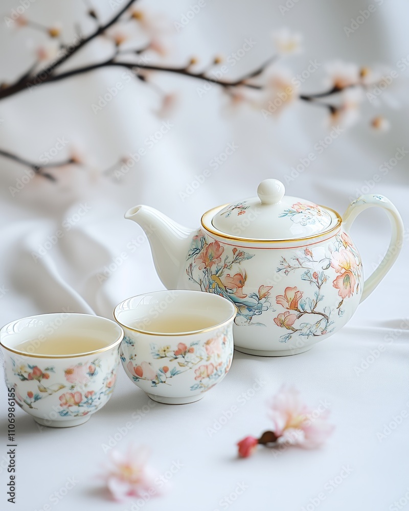 A serene porcelain teapot and cups on a white background, adorned with floral patterns and gold rims. A serene porcelain teapot and cups on a white background, adorned with floral patterns and gold rims.