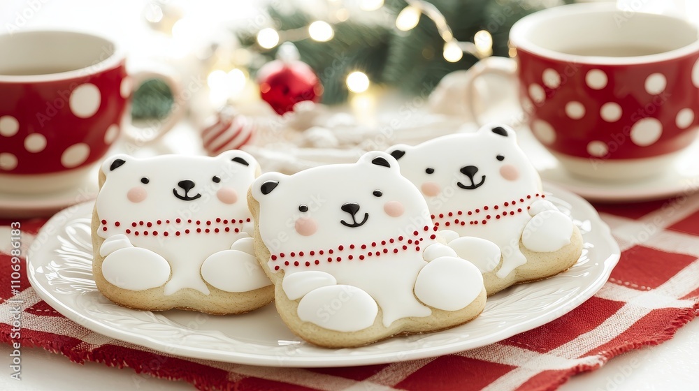 Adorable polar bear cookies, soft white icing and small black candy detailing, nestled in a cozy Christmas setting with a red-and-green tablecloth Adorable polar bear cookies, soft white icing and small black candy detailing, nestled in a cozy Christmas setting with a red-and-green tablecloth