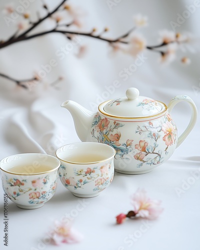 A serene porcelain teapot and cups on a white background, adorned with floral patterns and gold rims.