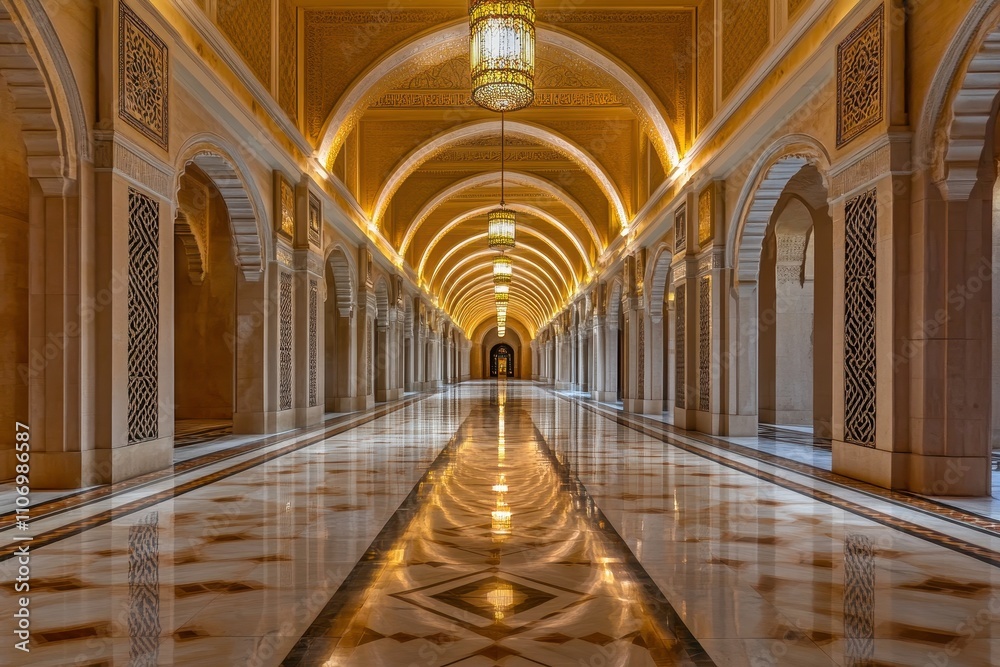 Fototapeta premium Stunning architectural interior of a grand corridor featuring ornate arches, elegant lighting, and polished marble floors, showcasing intricate design and warmth in a luxurious setting.
