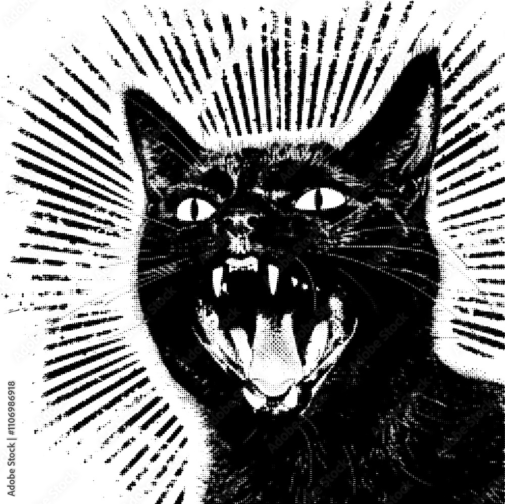Fototapeta Gothic cat bitmap collage on transparent background, Wild feline halftone collage element, Vampire cat with sharp fangs grunge-style magazine clipping with isolated clipping path