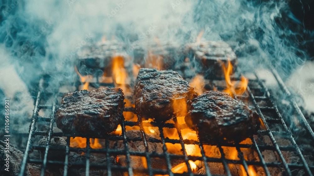 Grilling juicy steaks over flames backyard barbecue food photography outdoor setting close-up view