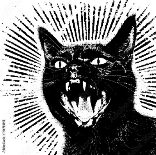 Gothic cat bitmap collage on transparent background, Wild feline halftone collage element, Vampire cat with sharp fangs grunge-style magazine clipping with isolated clipping path