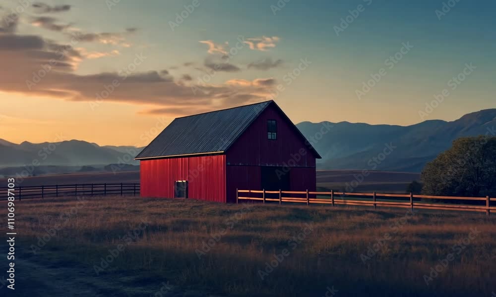 Rustic Red Barn at Sunrise in a Mountain Valley Rustic Red Barn at Sunrise in a Mountain Valley