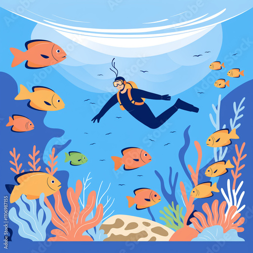 Ocean biodiversity illustration featuring vibrant marine life—fish, coral, and endangered species—highlighting conservation and habitat protection. Flat vector style for climate awareness photo