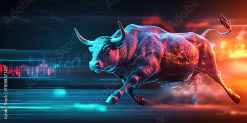 bold and bright depiction of bull symbolizing stock market trends, showcasing dynamic movement and energy. vibrant colors and abstract background enhance financial theme photo