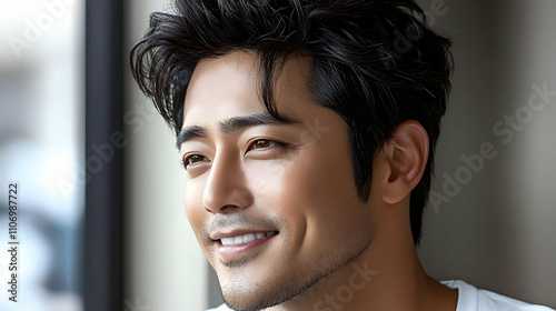 Man Smiles, Gazing Out Wind...
