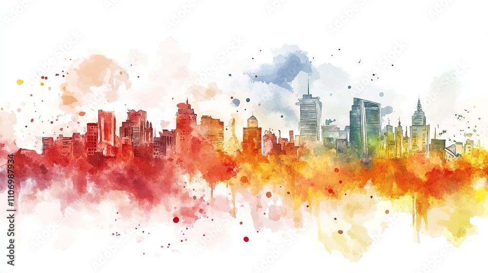 Obraz premium Watercolor illustration of artistic urban with colorful skyscrapers isolated on white background