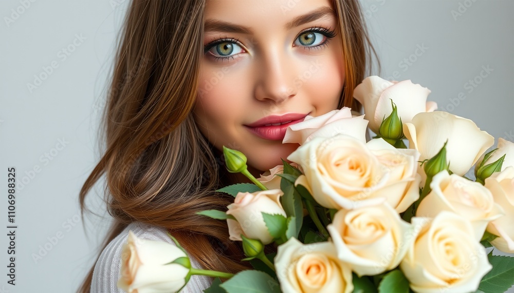 Portrait of a smiling woman with a bouquet of pink roses in a studio setting, showcasing beauty, fashion, and nature Portrait of a smiling woman with a bouquet of pink roses in a studio setting, showcasing beauty, fashion, and nature