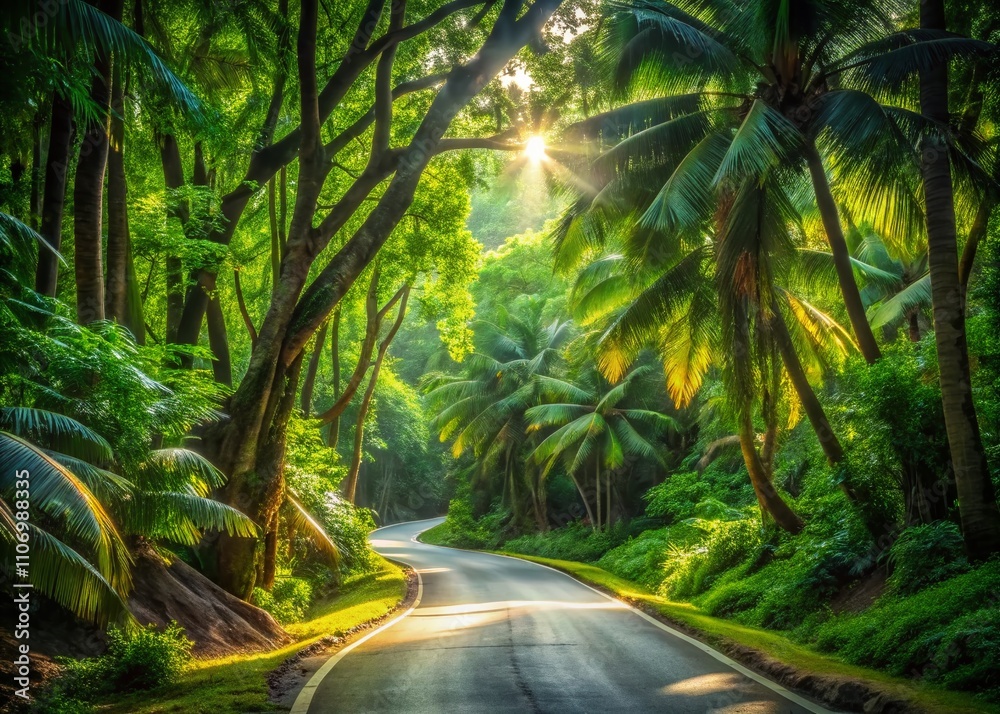 Long Exposure of a Winding Road Through Lush Jungle on La Digue Island, Seychelles, Showcasing Vibrant Greenery and Serene Nature in a Dreamy Atmosphere Long Exposure of a Winding Road Through Lush Jungle on La Digue Island, Seychelles, Showcasing Vibrant Greenery and Serene Nature in a Dreamy Atmosphere