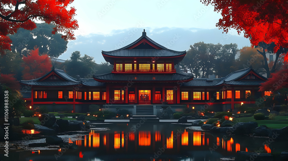 Obraz premium Serene Asian Architecture: Illuminated Temple at Dusk, Reflecting in Calm Water