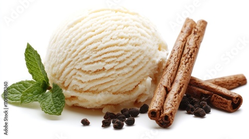 Vanilla Ice Cream with Cinnamon Sticks, Mint, and Black Peppercorns