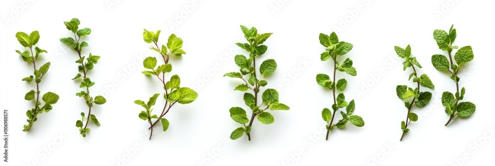 Six Sprigs of Fresh Green Mint Leaves on White Background