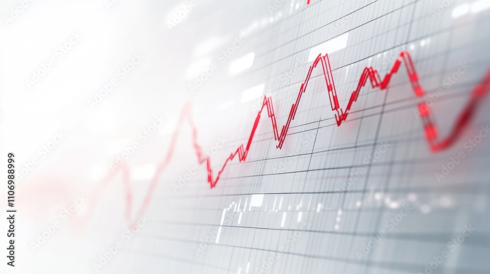 A digital graph displaying fluctuating financial data with a red line trend. A digital graph displaying fluctuating financial data with a red line trend.