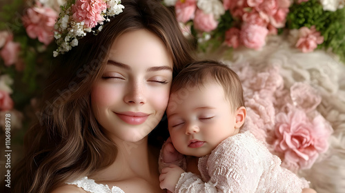 Mother's Gentle Love: Baby's Peaceful Sleep with Flowers