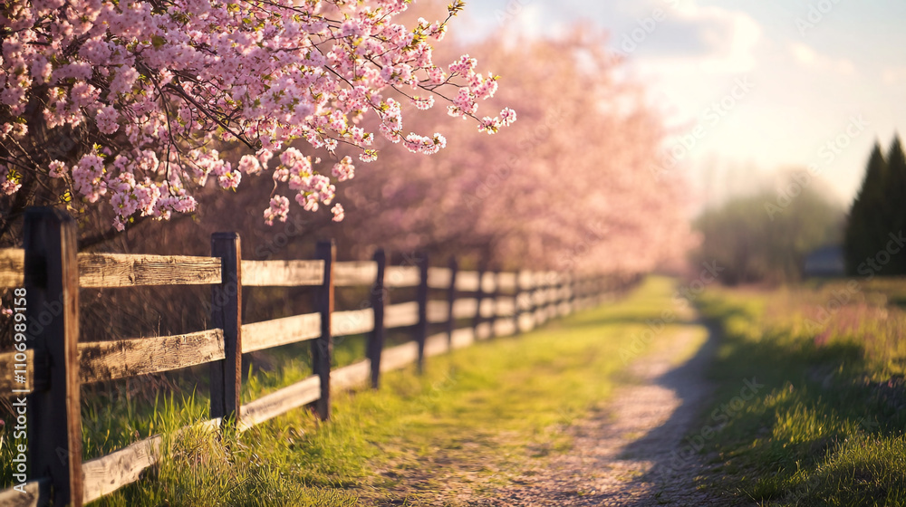 Blooming cherry blossoms lining a tranquil path during golden hour Blooming cherry blossoms lining a tranquil path during golden hour