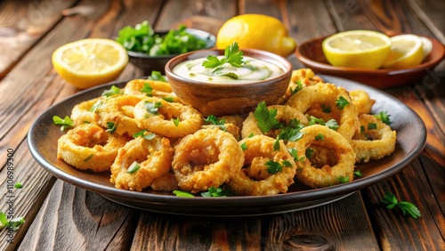 Crispy Air-Fried Calamari Rings with Lemon Wedges and Dipping Sauce - Delicious Seafood Appetizer for Healthy Eating and Party Platter Ideas