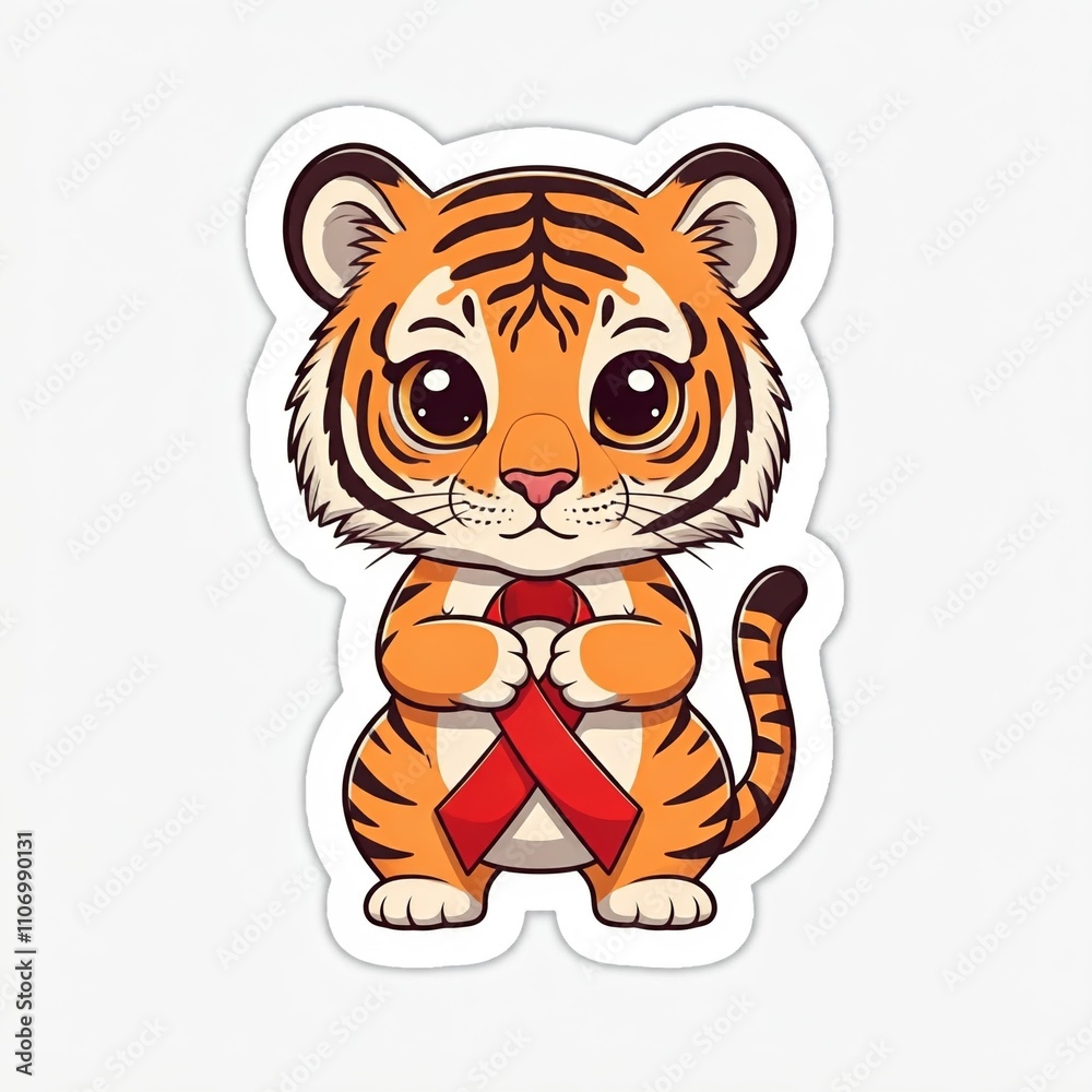 Illustrates a chibi tiger holding a red ribbon in its paw, in honor of World AIDS Day. The tiger looks fierce yet adorable, with big eyes and a sticker-like outline, on a simple white background. Illustrates a chibi tiger holding a red ribbon in its paw, in honor of World AIDS Day. The tiger looks fierce yet adorable, with big eyes and a sticker-like outline, on a simple white background.