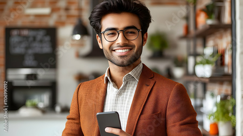Smiling Man Holds Phone, Mo...