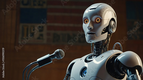 Humaniod giving speech to people, artificial intelligence, robot copy space.  photo