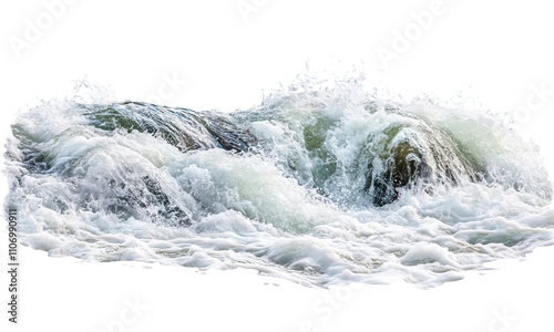 A rapid river, whitewater flow, dynamic and energetic design, cool tones, isolated on white background