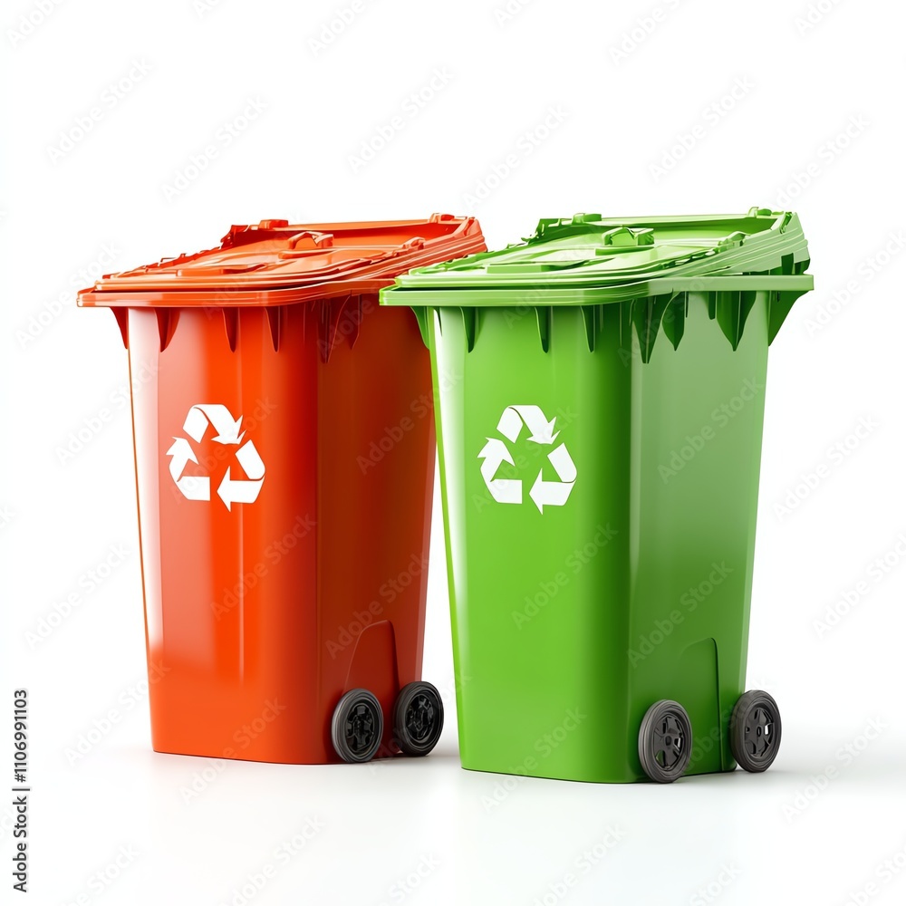 Two recycling bins, one green and one orange, on a white isolate background. Two recycling bins, one green and one orange, on a white isolate background.