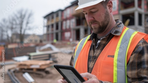 A project manager uses their tablet to communicate with construction workers and subcontractors ensuring efficient and realtime updates. photo