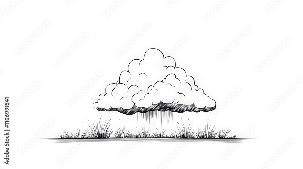 Cartoon Cloud with Rain Over Grass Landscape Illustration