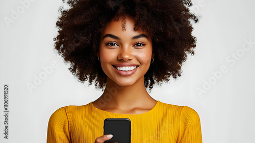 Smiling Woman Uses Mobile P...