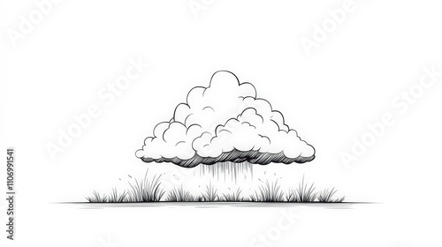 Obraz na płótnie Cartoon Cloud with Rain Over Grass Landscape Illustration w salonie