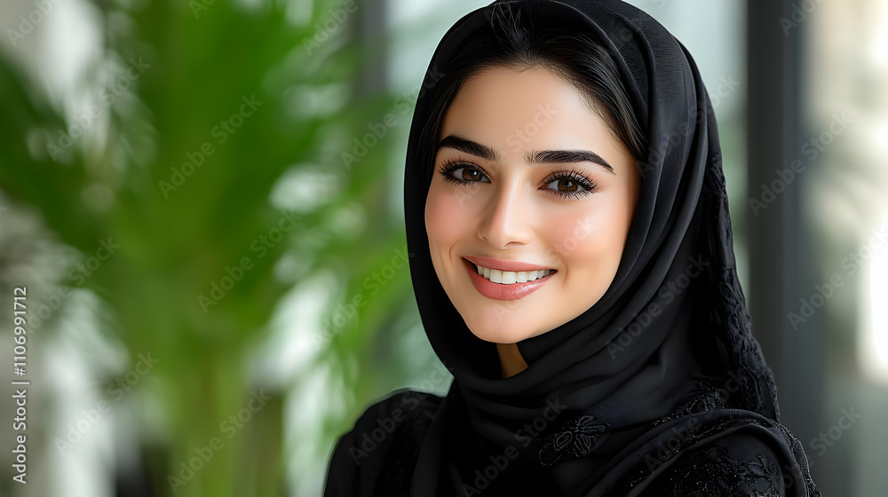 Woman Smiles, Wearing Black Hijab, Confidently Posing Woman Smiles, Wearing Black Hijab, Confidently Posing