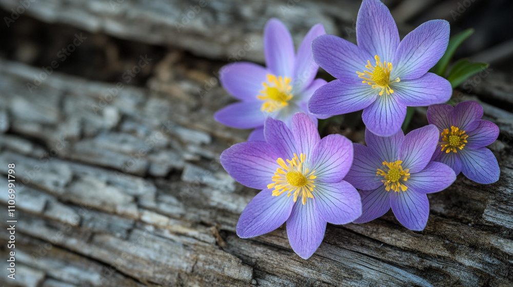 Beautiful purple flowers blooming on a rustic wooden surface in natural light during springtime Beautiful purple flowers blooming on a rustic wooden surface in natural light during springtime