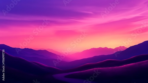 Vibrant sunset over rolling hills with a beautiful gradient of purple and pink shades.