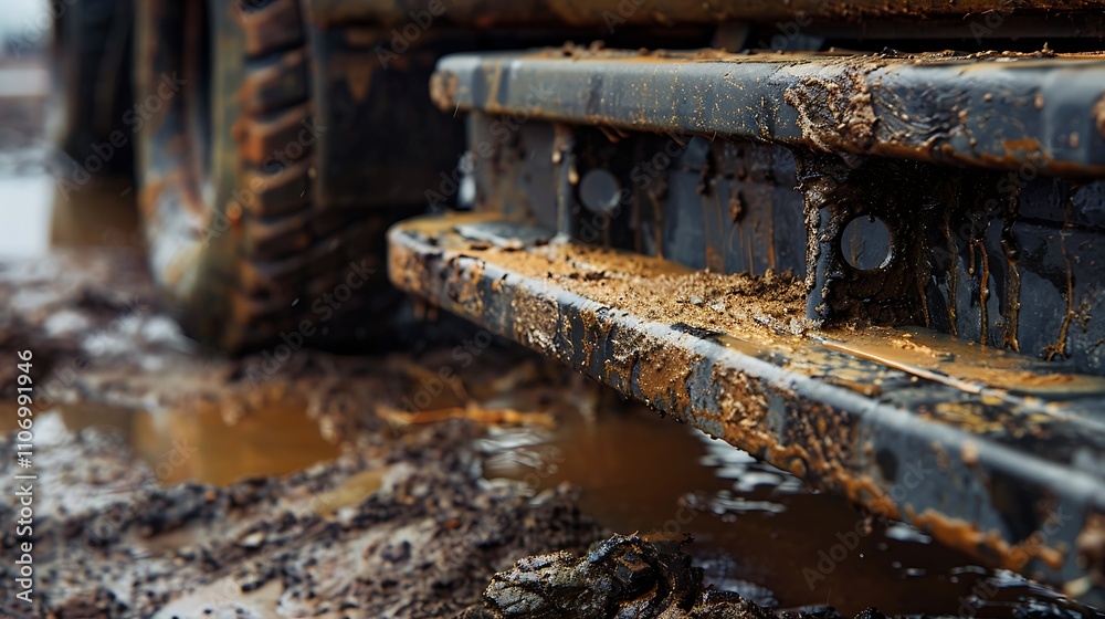Side step of a truck covered in mud indicating recent off road use Side step of a truck covered in mud indicating recent off road use