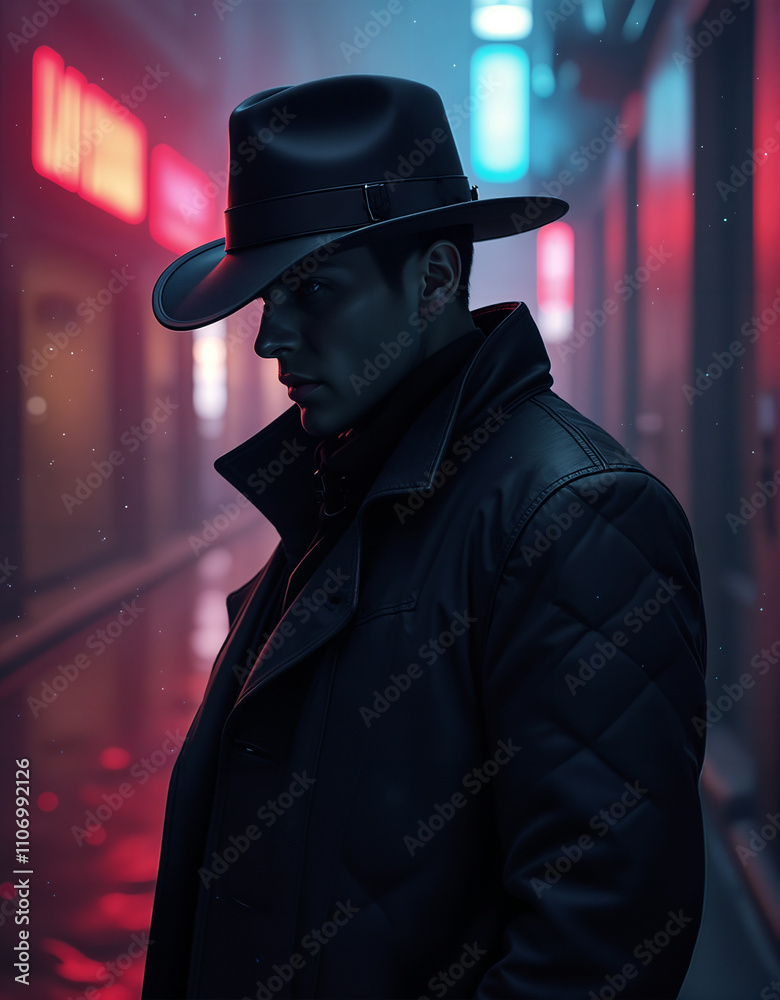 Spy wearing leather jacket and hat walking in dark city alley Spy wearing leather jacket and hat walking in dark city alley