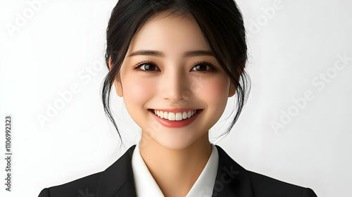 Radiant Smile, Confident Woman, Business Attire, Professional Success, Positive Energy, Aspirational Career Goals, Strong Female Presence, Empowering Image, Elegant Style, Modern Workplace.