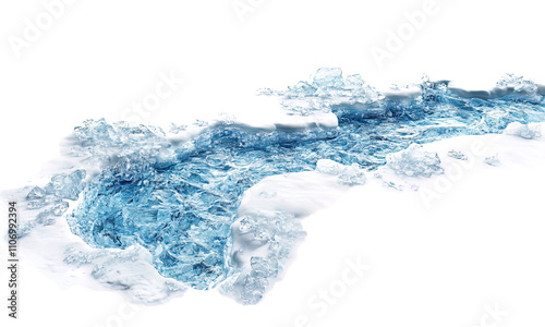 A frozen river, winter theme, icy texture and snow accents, white and blue tones, isolated on white background