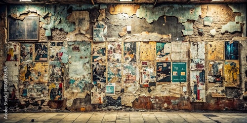 A crumbling wall adorned with layered, faded posters and peeling paint, showcasing a rich tapestry of textures and colors reflecting the passage of time.