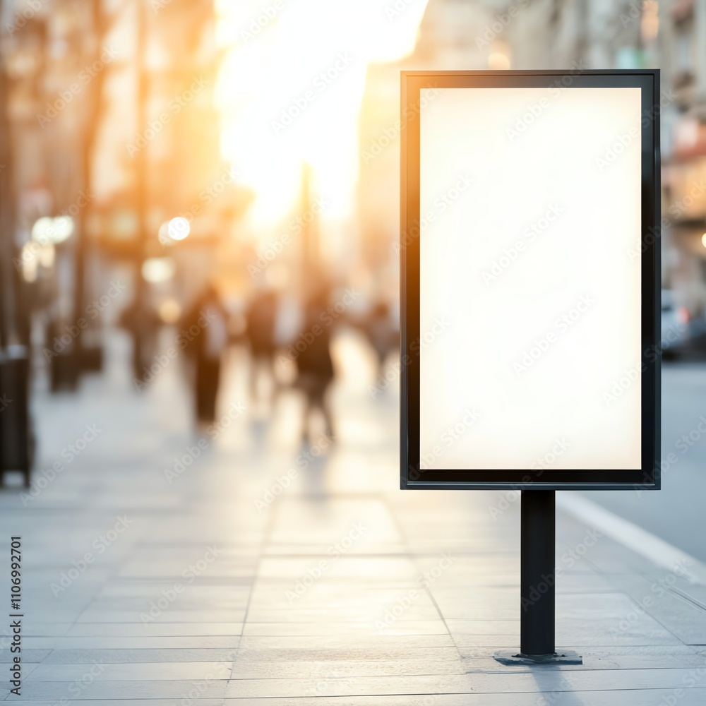 Empty vertical billboard on city street with blurred pedestrians in background. Empty vertical billboard on city street with blurred pedestrians in background.