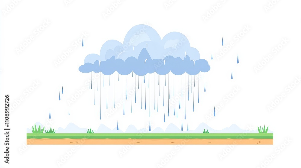 Cartoon Style Cloud with Rain on Green Grass Background Illustration