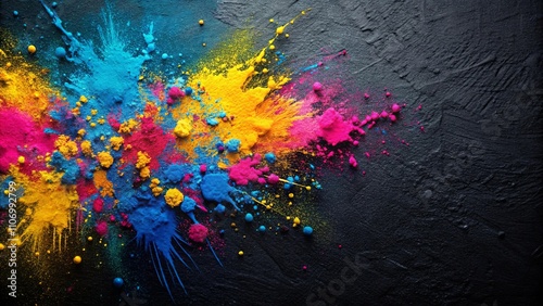Vibrant explosion of colorful powder pigments on dark surface
